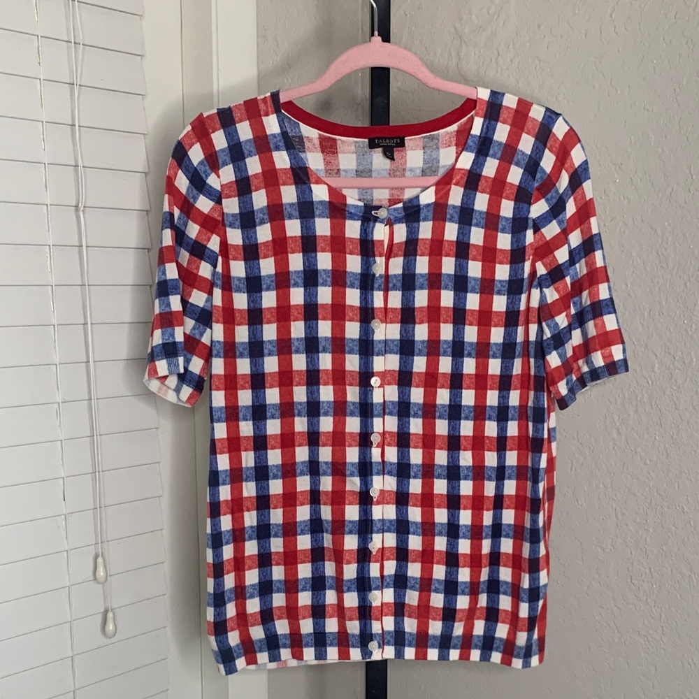 Talbots Checkered plaid pearl button down short sleeve cardigan 1X petite